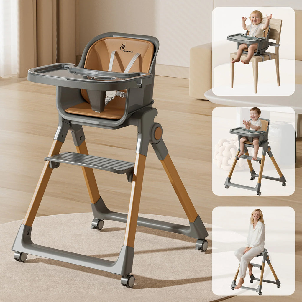 Walnut Highchair - 3 in 1 Convertible kids Highchair with Booster & Stool