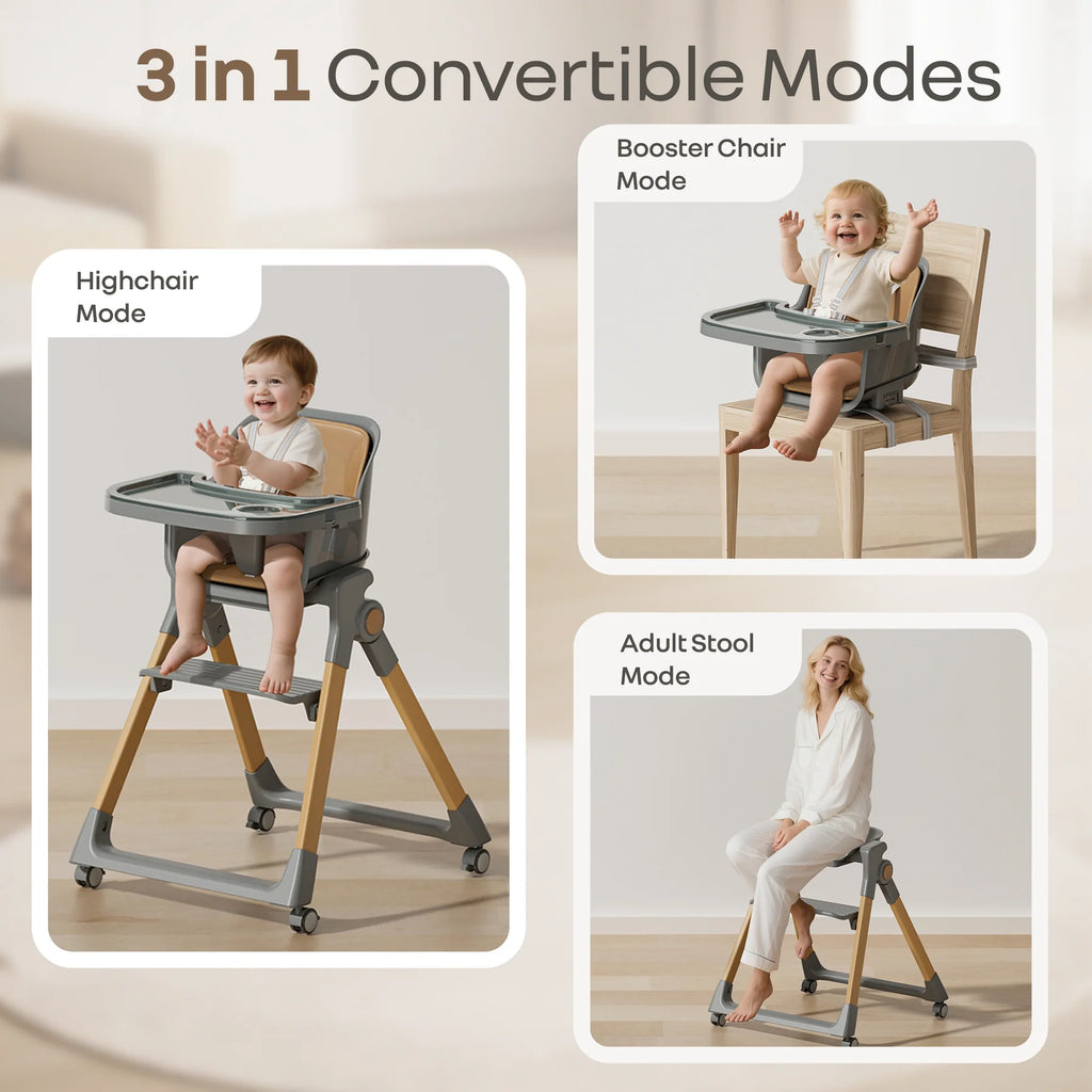 Walnut Highchair - 3 in 1 Convertible kids Highchair with Booster & Stool