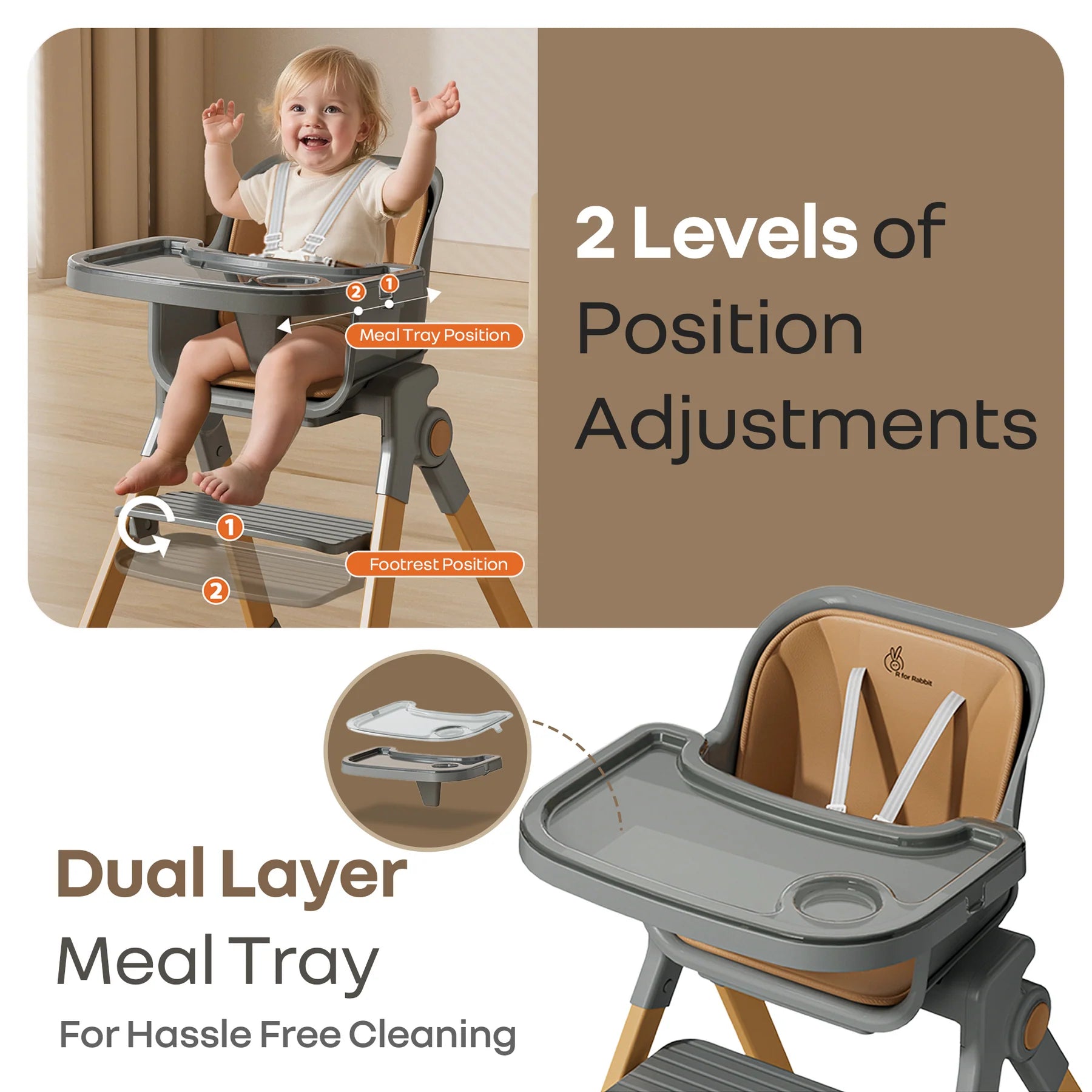 Walnut Highchair - 3 in 1 Convertible kids Highchair with Booster & Stool
