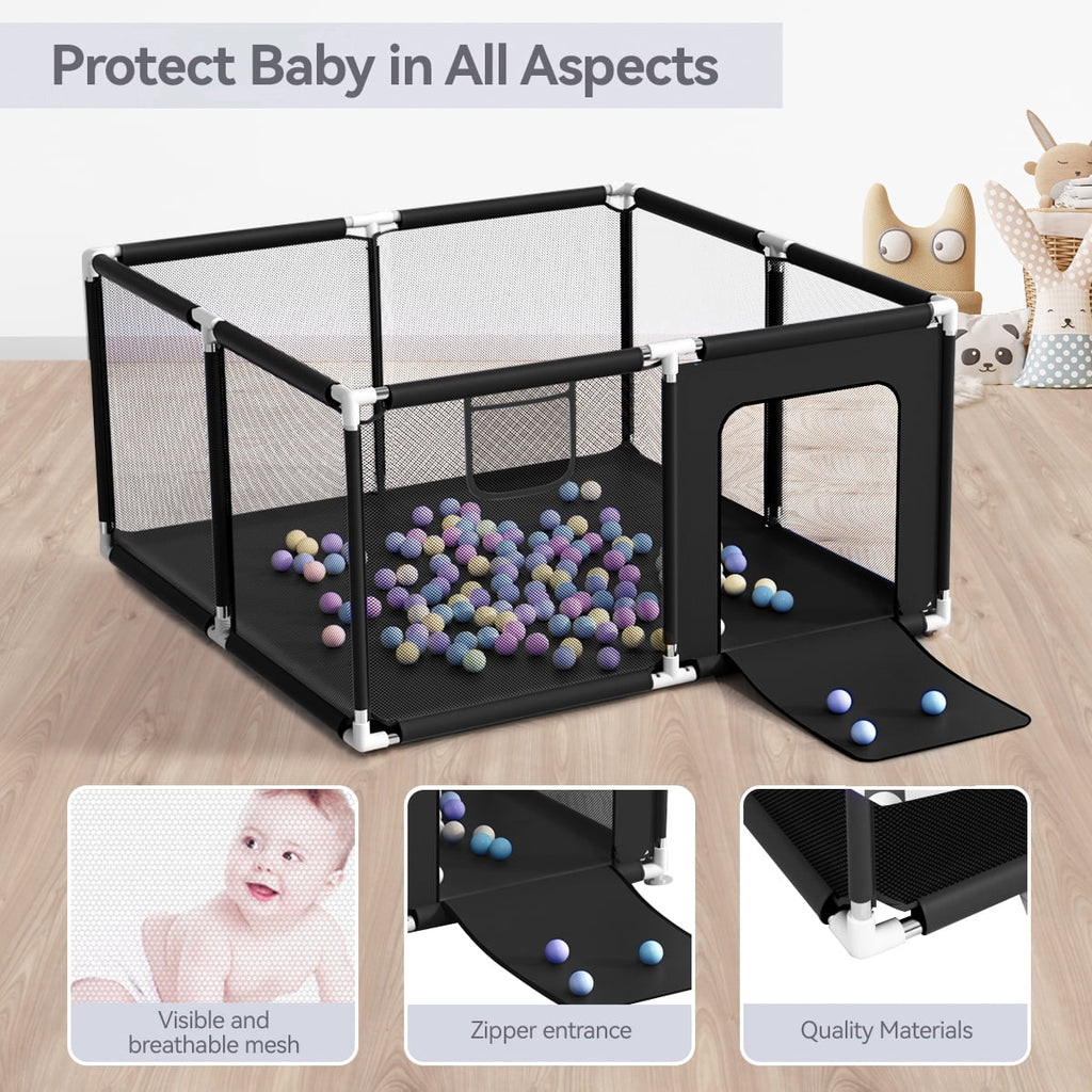 Baby Playpen, Outdoor Play Yard, Portable Play Yard 4-Panel- Baby Foldable Safety Playpen for Infant Toddler, Black