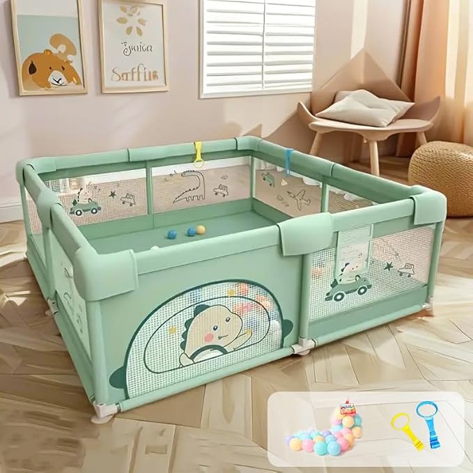 Dawnwake Large Playpen 150 x 180 cm No Mat/Cushion for Toddlers & Kids up to 5 Years with Pit Balls and Anti-Fall Grasp Rings, Playard with Safety Lock (Non-Foldable, Green)
