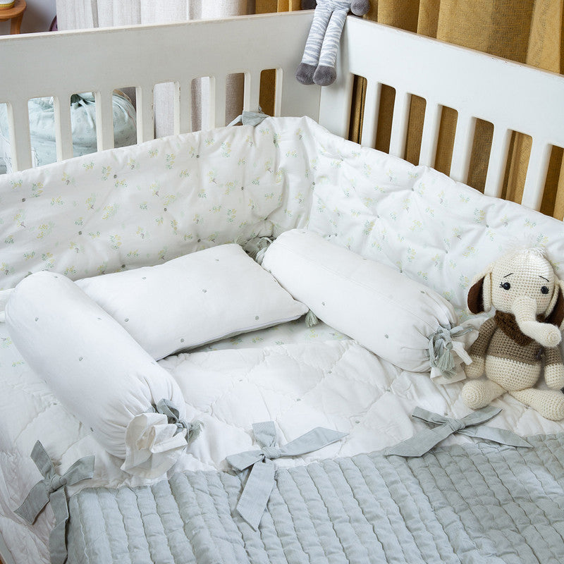 Organic Cotton Baby Cot Bedding Set | Ivory & Green | Set of 6