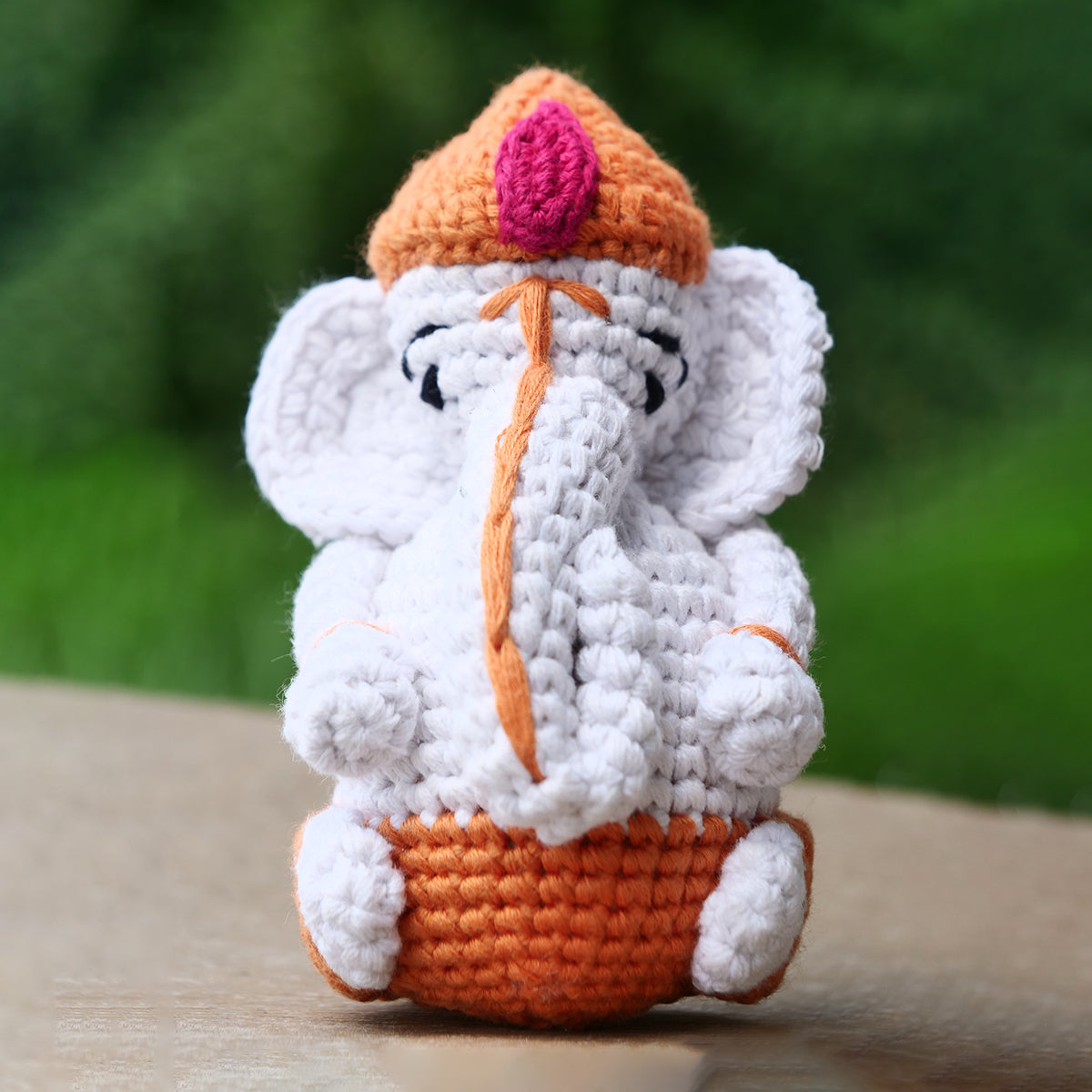 Ganesha Soft Toy for Baby and Kids | Cotton Yarn | White & Orange | 12 cm