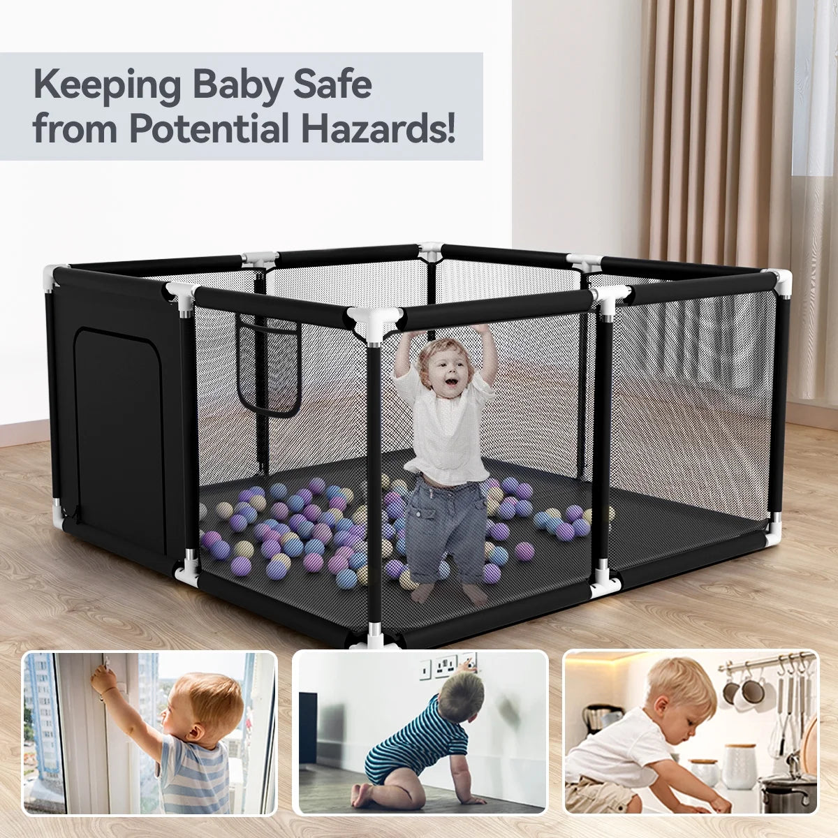 Baby Playpen, Outdoor Play Yard, Portable Play Yard 4-Panel- Baby Foldable Safety Playpen for Infant Toddler, Black
